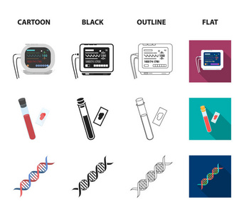 一张视力测试表, 血液测试, Dna 编码, 心电图仪。医学集合图标在卡通, 黑色, 轮廓, 平面风格矢量符号股票插画网站