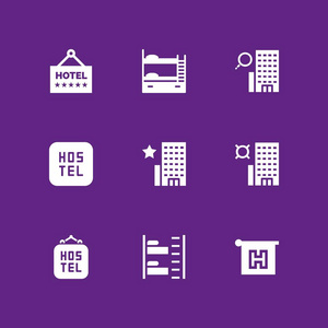 9旅馆图标设置与旅馆铺位和旅馆媒介例证为图设计和网