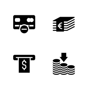 4货币图标设置与信用卡, atm 和货币矢量图设计和网页
