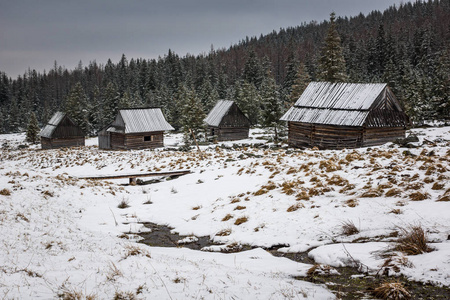 Tatra 山 Kopieniec 空地上的木屋在冬季, Malopolskie, 波兰