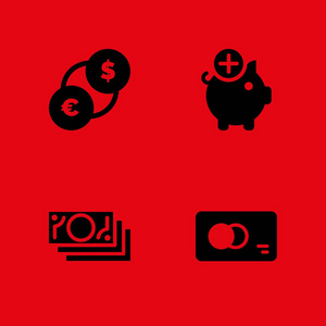 货币图标设置。用于图形设计和 web 的交换信用卡和小猪银行矢量图标
