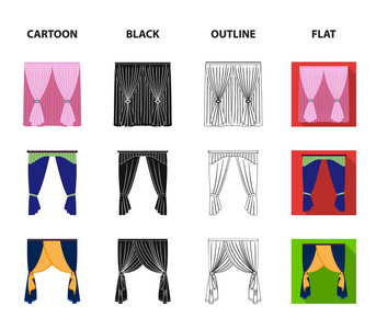 飞檐, 吊袜带, 丝带等网页图标在卡通, 黑色, 轮廓, 平面风格。机器, 纺织品, 家具图标集合收藏