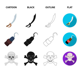 海盗, 强盗, 帽子, 钩子。海盗集合图标在卡通, 黑色, 轮廓, 平面风格矢量符号股票插画网站