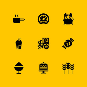9食品图标集谷物, 拖拉机和软饮料矢量图设计和 web