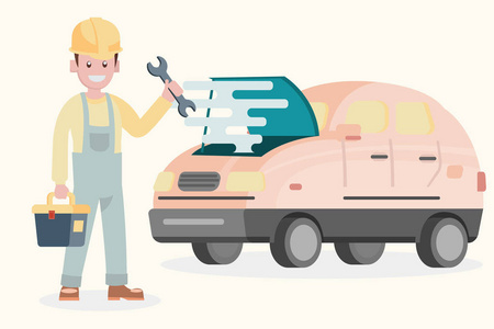 维修和修理汽车.automechanic 在汽车坏了的背景上.