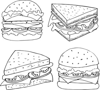 手绘卡通风格的快餐插图。汉堡和三明治菜单设计的矢量插图
