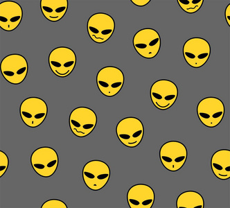 外星人, 无缝图案, 颜色, 灰色, 黄色, 不同的情绪, 矢量。灰色田野上外星人的黄色面孔。装饰无缝图案。矢量图像