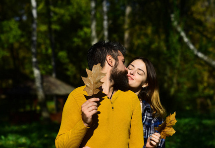 相爱的情侣带着树叶走着。秋季时间