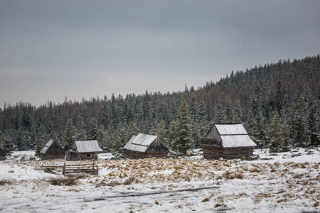 Tatra 山 Kopieniec 空地上的木屋在冬季, Malopolskie, 波兰