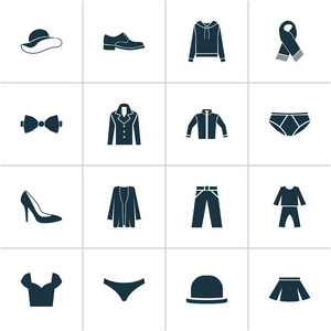 服装图标设置与男性鞋类, 夹克, 围巾和其他鞋跟鞋元素。独立插图衣服图标