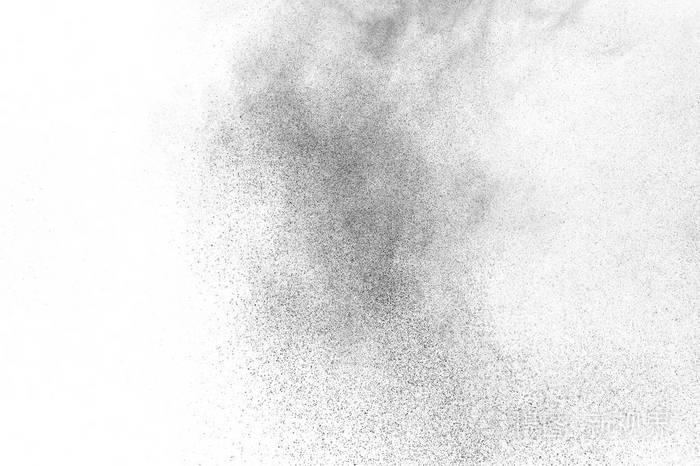孤立在白色背景上的黑色粒子爆炸.抽象的灰尘覆盖纹理