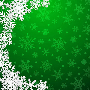 带阴影的大白色雪花的圣诞插图在绿色背景上