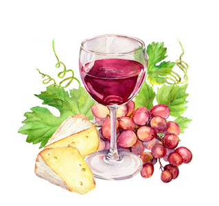 红葡萄酒杯与藤叶 奶酪，葡萄浆果。水彩