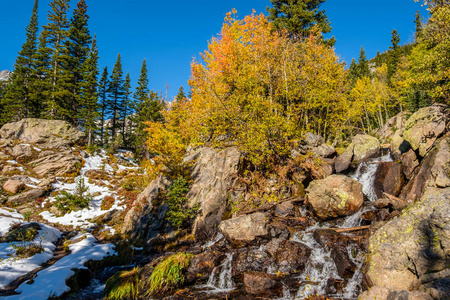 季节变化, 第一个雪和秋天白杨树在洛基山国家公园, 科罗拉多, 美国