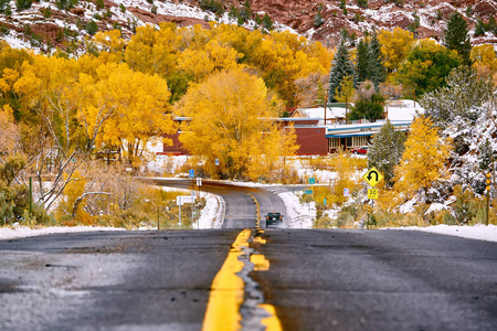 美国科罗拉多潮湿公路上的第一个雪和秋树