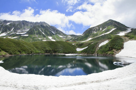 日本富山夏季 Mikurigaike 池塘和立山山脉