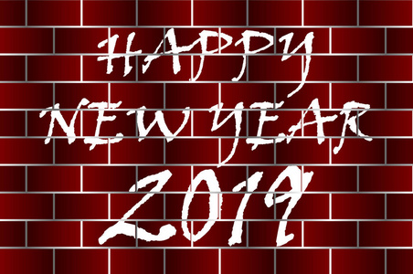 新年快乐2019题字在砖墙, 白色涂鸦在红色砖墙上