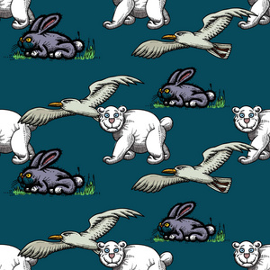 海鸥白熊和兔子无缝图案