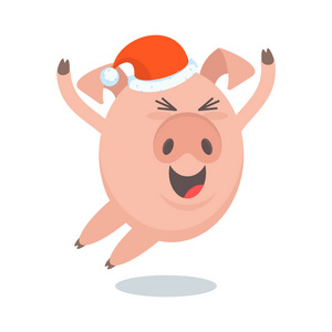 滑稽的快活的猪在圣诞老人帽子