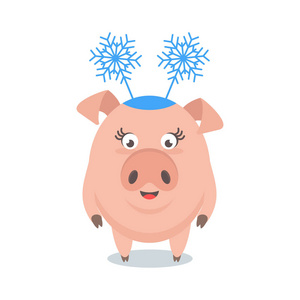 滑稽的快活的猪在帽子与雪花