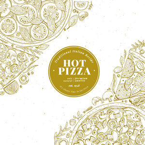 比萨设计模板。手绘矢量快餐插图。素描风格复古意大利比萨背景