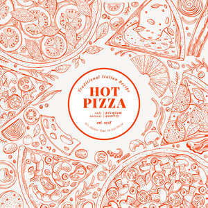 比萨设计模板。手绘矢量快餐插图。素描风格复古意大利比萨背景