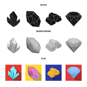 水晶, 矿物质, 金条。贵重矿产和珠宝首饰集图标黑色, 平, 单色矢量符号股票插画网站