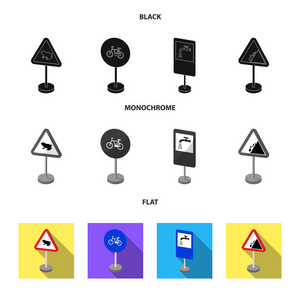 不同类型的路标黑色, 平, 单色图标在集合中进行设计。警告和禁止标志矢量符号股票 web 插图