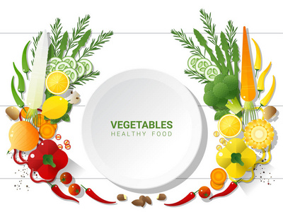 平放新鲜蔬菜在白色桌背景, 健康食物概念, 媒介, 例证