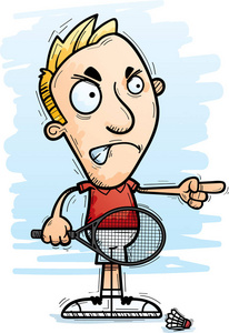 一个男子羽毛球运动员看起来愤怒和指向的卡通插图