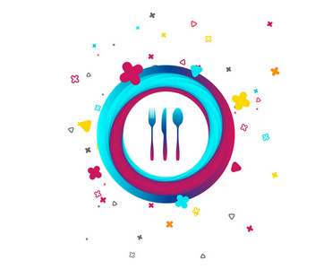 叉子, 刀, 汤匙符号图标。餐具收藏集符号。带有图标的彩色按钮。几何元素。向量