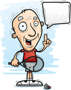 一位资深公民羽毛球运动员谈话的卡通插图