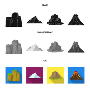 陡峭的悬崖, 喷发, 有海滩的高山, 冰川。不同的山脉集合图标在黑色, 平, 单色风格矢量符号股票插画网站