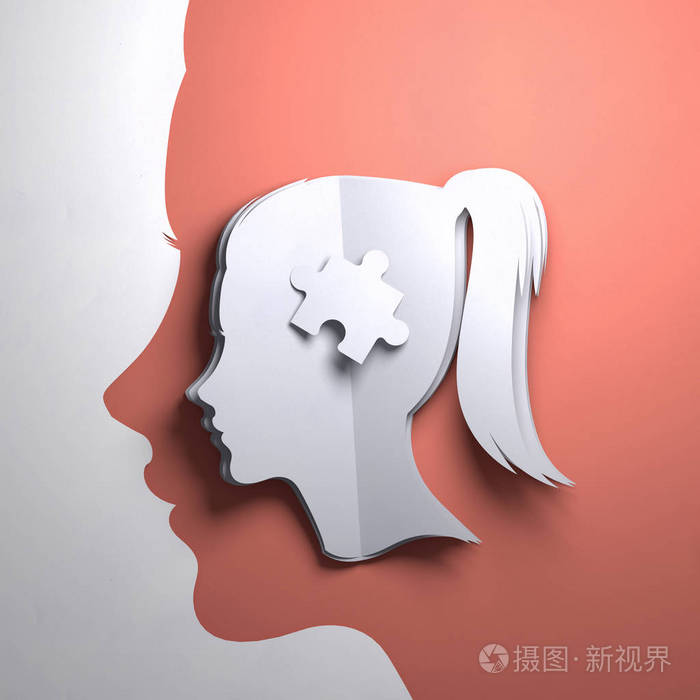 折叠纸艺术折纸.一个有拼图的女性头像的剪影.概念正念3d 插图