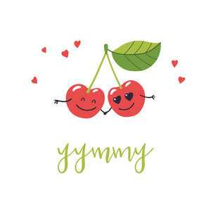 两个可爱的卡通樱桃和一个题字美味.矢量插图照片