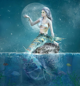 月光鱼幻想美人鱼在岩石与水飞溅在她的手照片