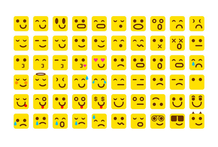矢量黄色的微笑图标集。emoji 表情.表情符号面孔, 矢量例证艺术