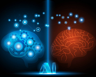 人工智能文字符号, 人与机器人脑, 过蓝背景与网络在线系统, 人工智能与机器学习理念, 矢量插画