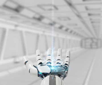 白色机器人打开他的手在宇宙飞船背景3d 渲染