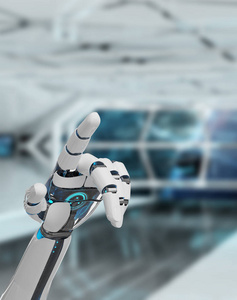 白色的机器人指着他的手指在宇宙飞船背景3d 渲染