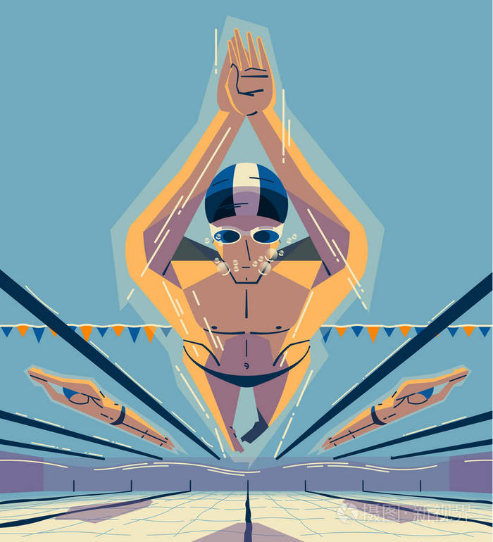 彩色海报与男子在游泳比赛