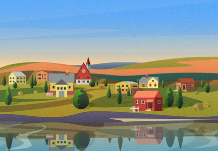 小镇风景与房子在河岸上与山在蓝色早晨 sunsrise 天空在背景下以影片