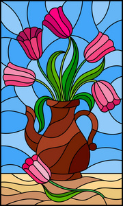 例证在被着色的玻璃样式以寂静的生活, 水罐与粉红色郁金香在蓝色背景上