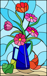 彩色玻璃风格插图在金属蓝色水罐, 梨和苹果在蓝色背景桌上的鲜艳的花朵花束