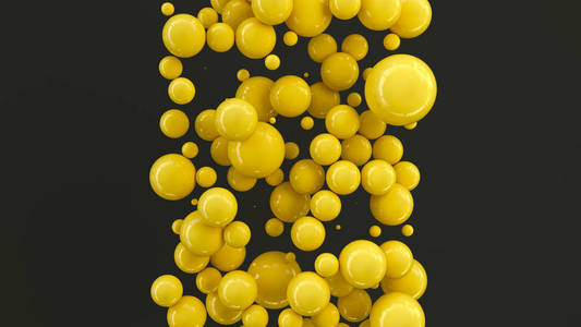 黑色背景上随机大小的黄色球体。抽象背景与圈子。墙前的圆云。3d 渲染插图