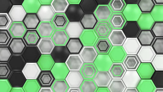 抽象3d 背景由黑色白色和绿色六边形组成, 白色背景。六边形的墙。蜂窝图案。3d 渲染插图