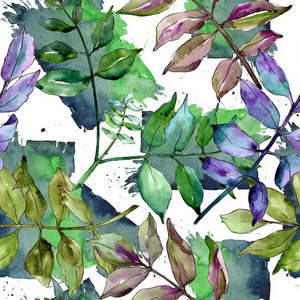绿灰叶子。叶植物植物园花叶。无缝的背景图案。织物墙纸打印纹理。背景纹理包装图案框架或边框的水彩画叶