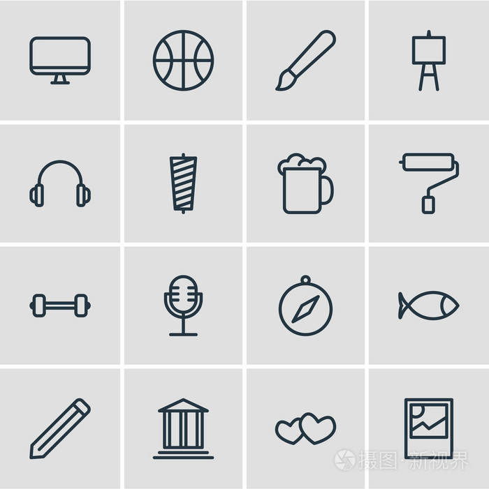 插图16爱好图标线风格.可编辑的网球,显示器,罗盘和其他图标元素集