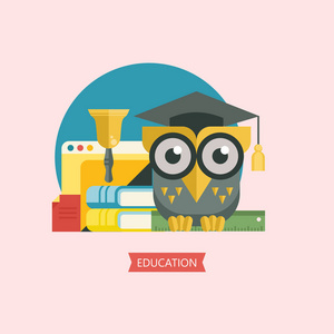 欢迎回到学校。一只聪明的猫头鹰在学术帽里握着一把尺子。下一摞书。矢量标志, 徽标