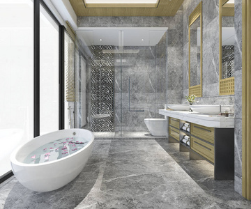 3d. 渲染豪华现代设计浴室和卫生间